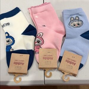 3 pairs Kids' Cartoon Character Socks Trio - Blue, Pink, Light Blue